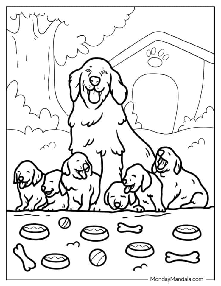 Mom Dog With Puppies Coloring Page