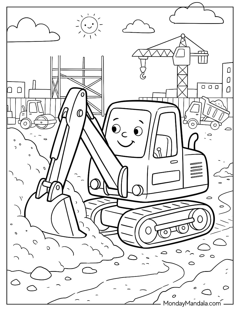Compact Crawler Excavator Digging at a Construction Site Coloring Page for Kids