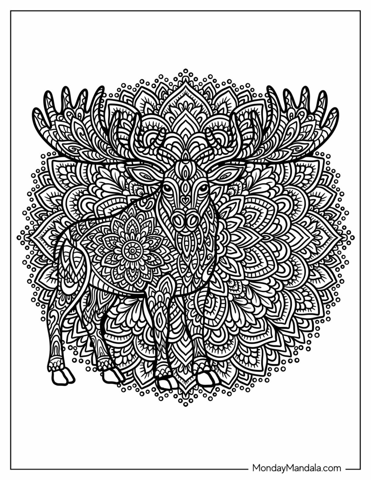 Complex Flower Mandala with Moose Inside Coloring Page