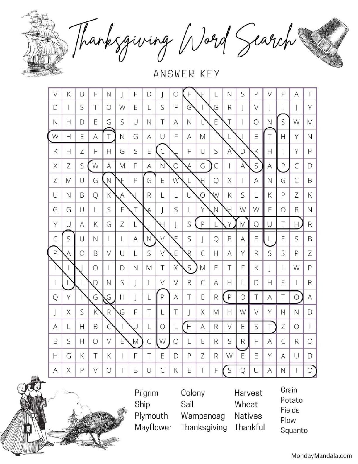 Complex Thanksgiving Word Search Answer Key