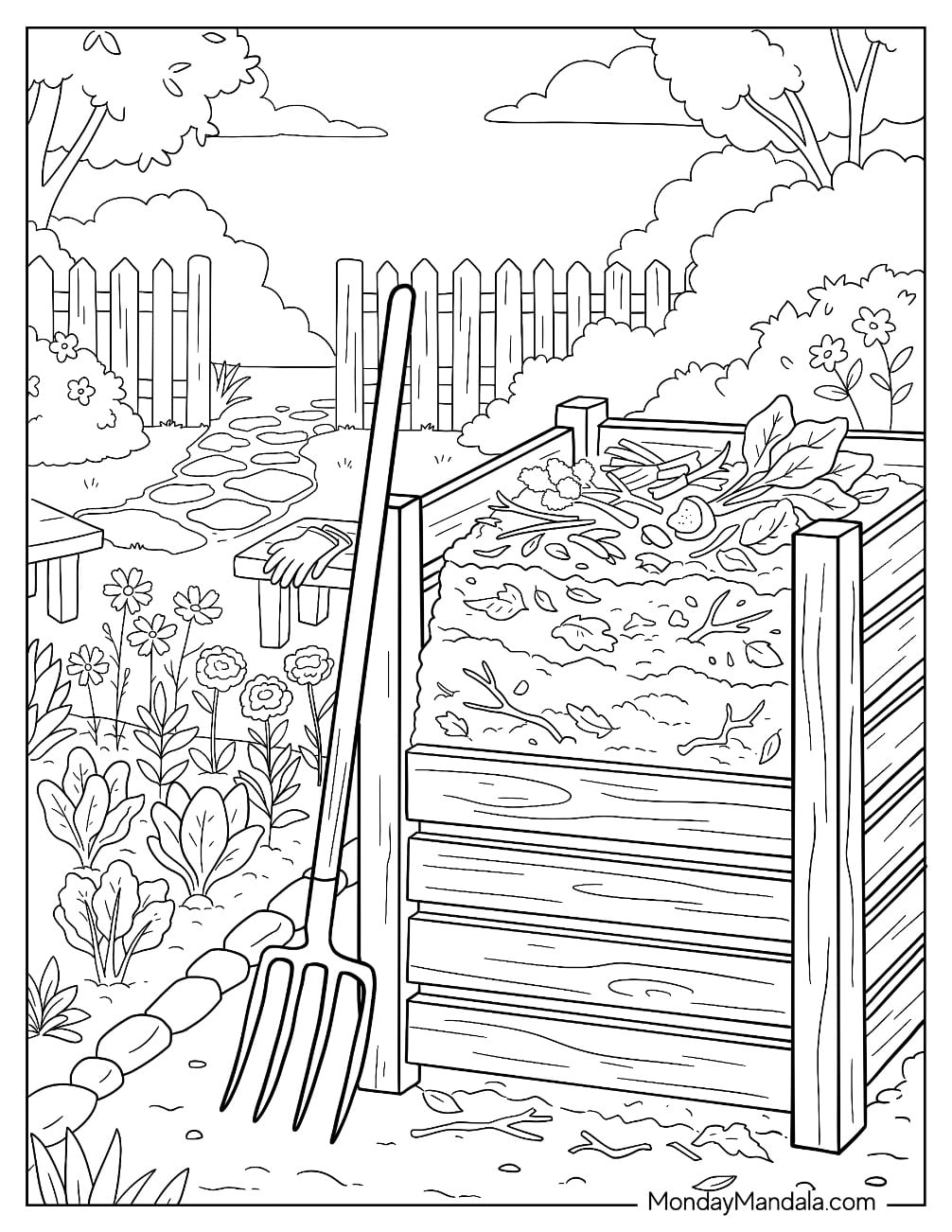 Compost Bin with Pitchfork and Organic Plant Waste in the Garden Coloring Page