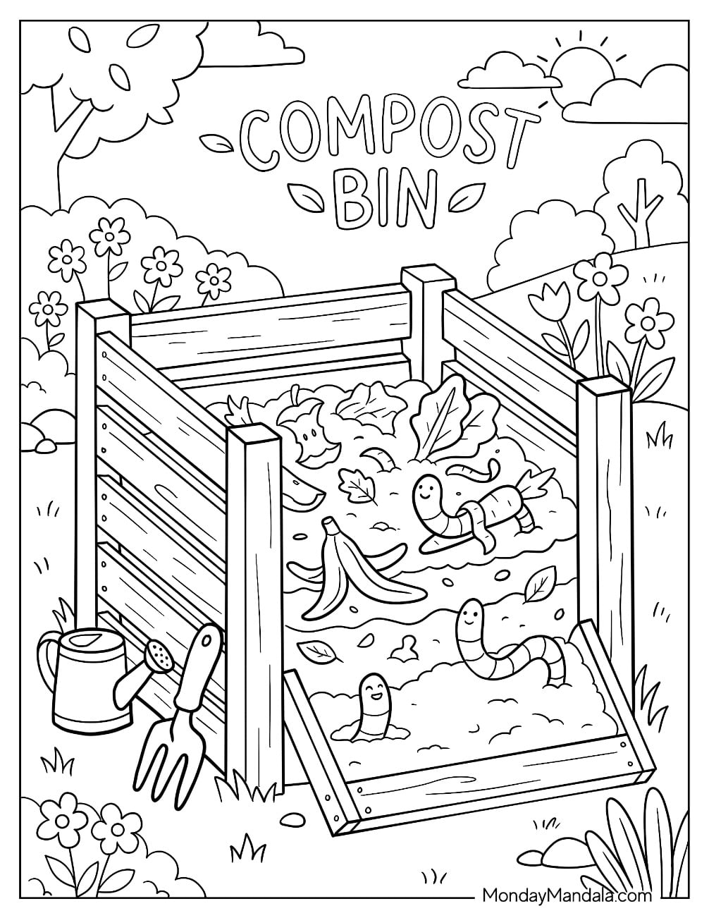 Compost Bin with Worms, Vegetable Scraps, and Gardening Tools Coloring Sheet