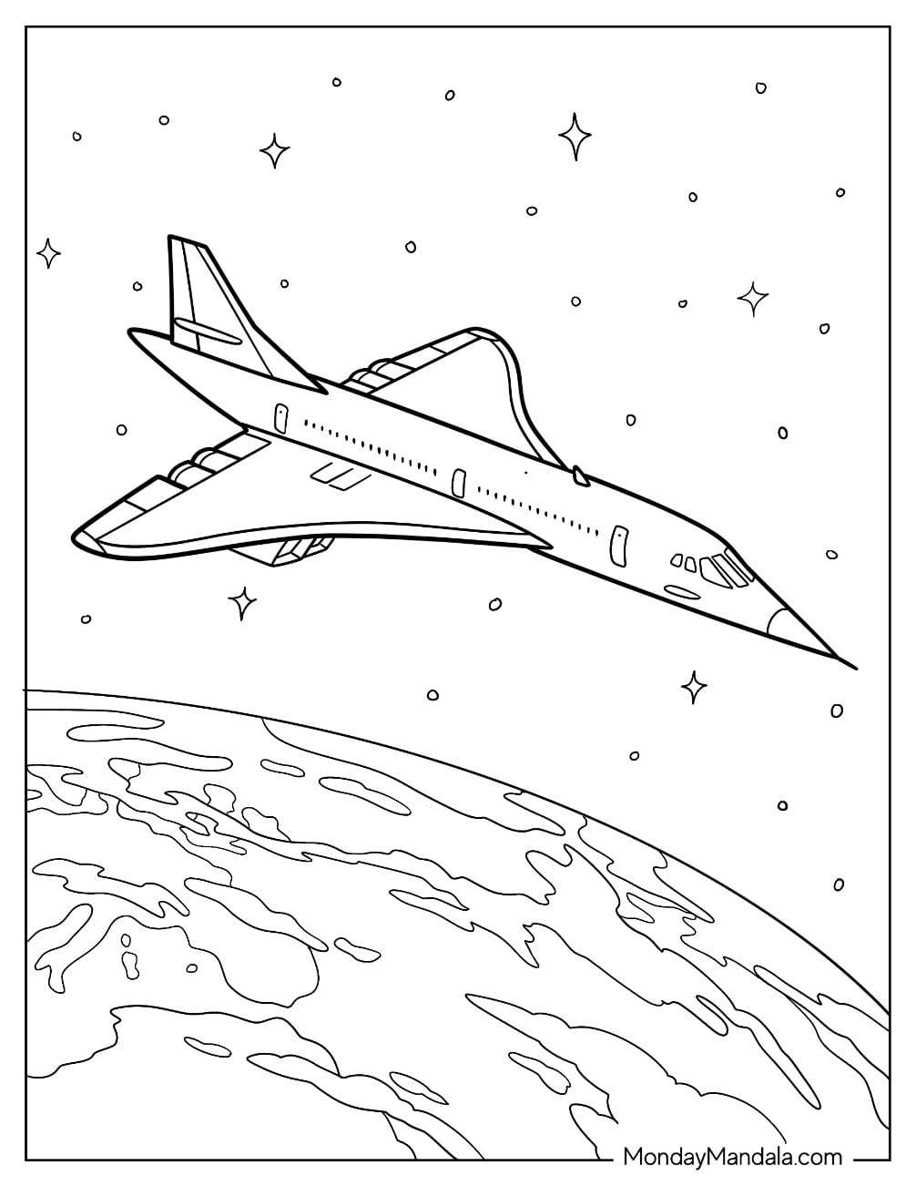 Concorde Supersonic Passenger Jet Flying Above Earth Coloring Page