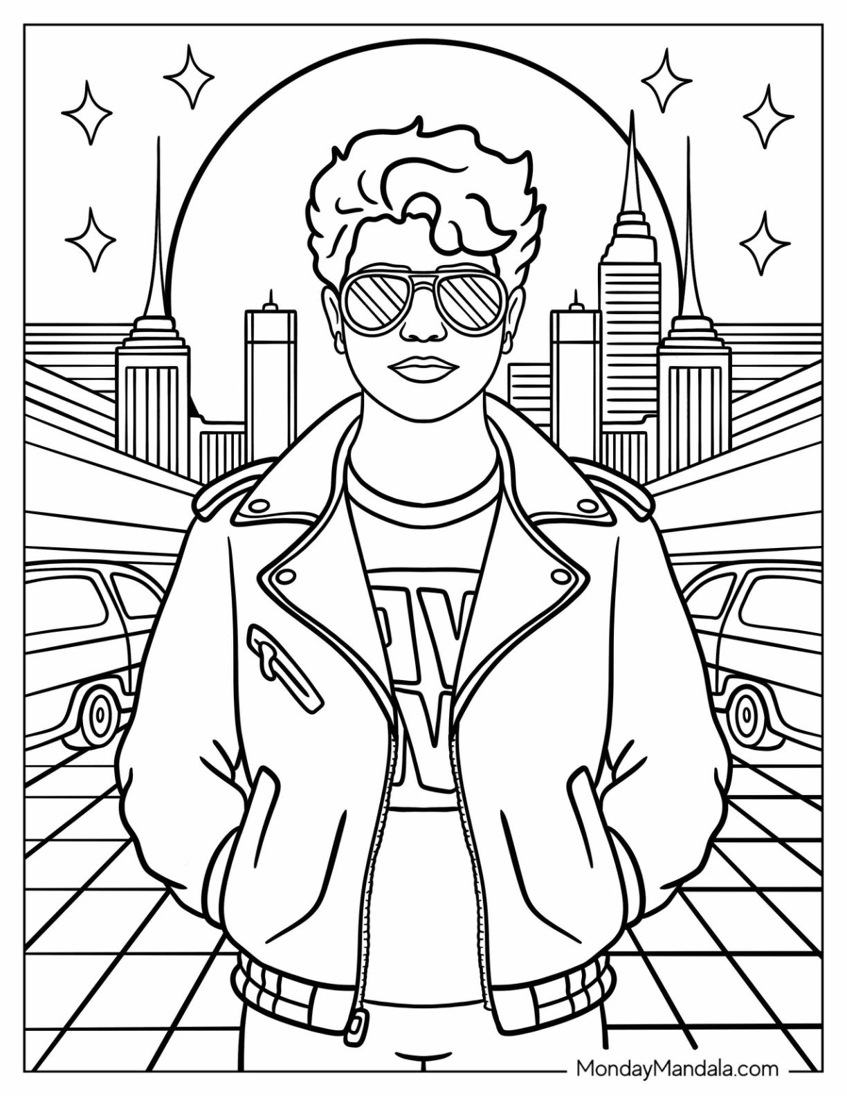 80's Coloring Page of Confident Teen with Retro Fashion and Skyline Background