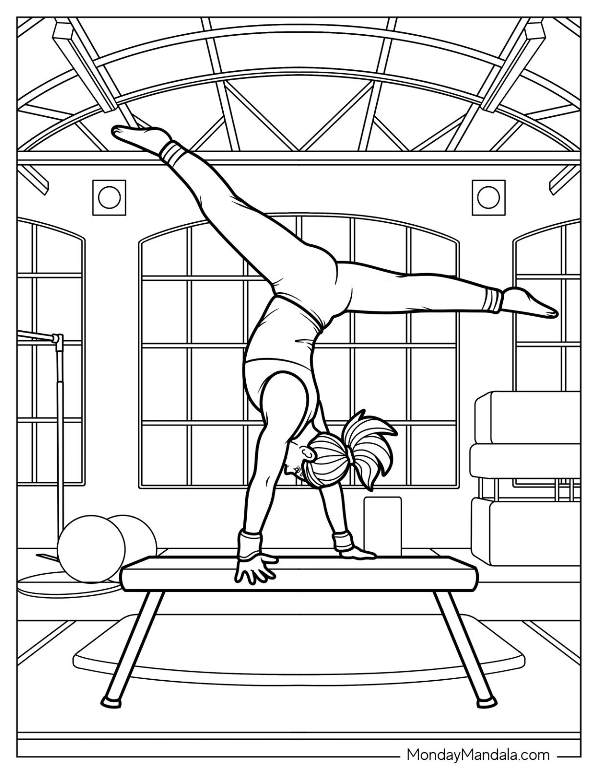 Gymnastics Coloring Page of Confident Gymnast Holding Handstand Pose on Vault Bench