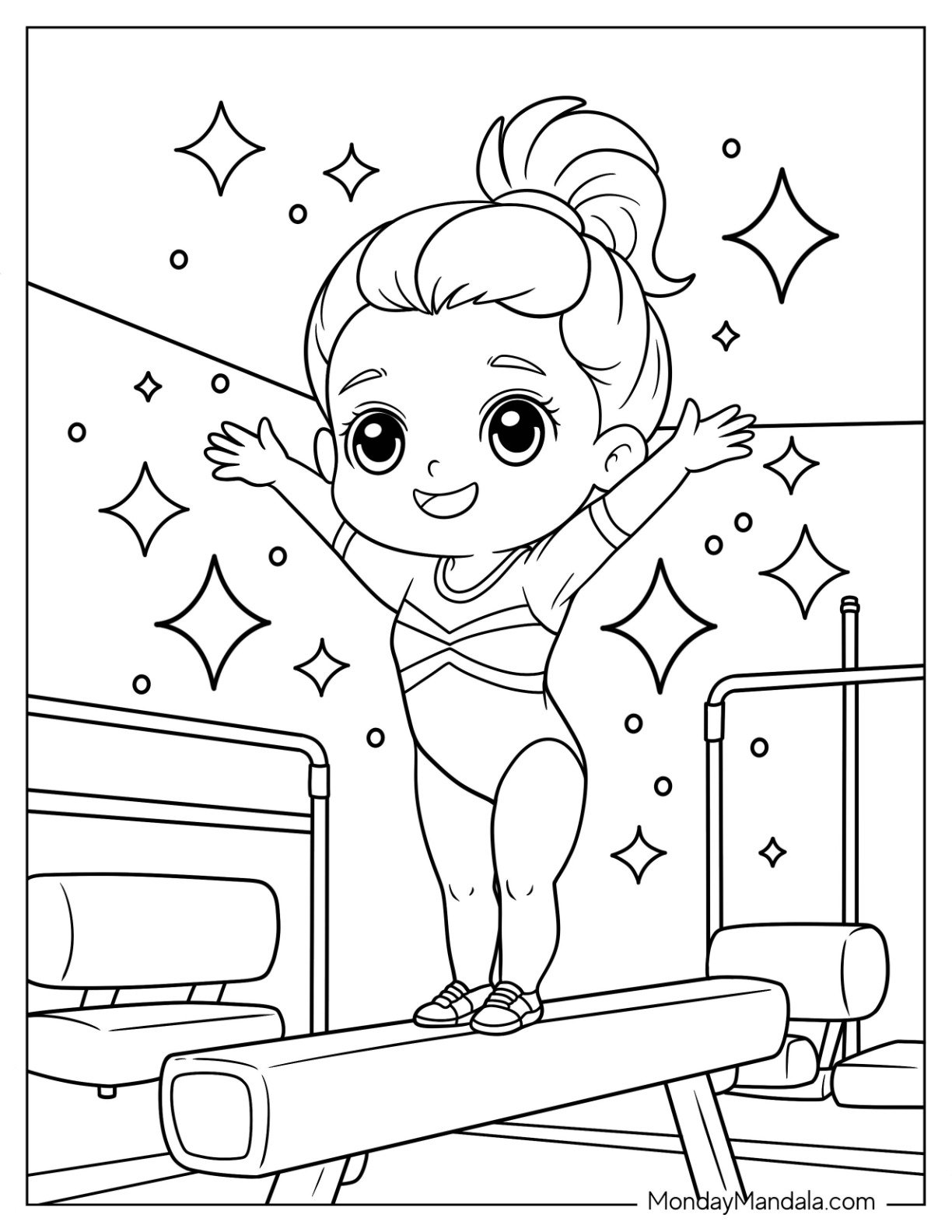 Gymnastics Coloring Page of Confident Little Gymnast Standing Proudly on Balance Beam with Sparkles for Kids