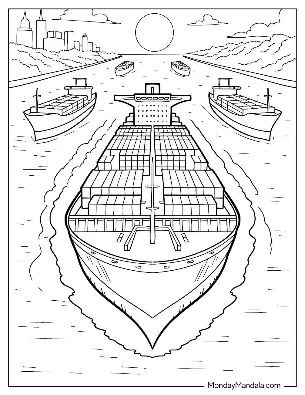 Container Ship Leading a Fleet Through a City Harbor at Sunset Coloring Sheet