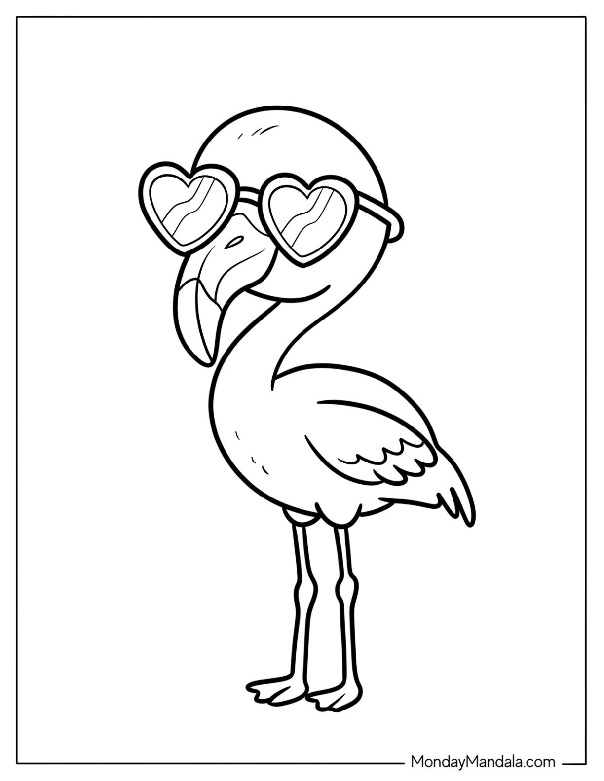 Cool Baby Flamingo Wearing Love Heart Sunglasses Coloring Sheet For Kids