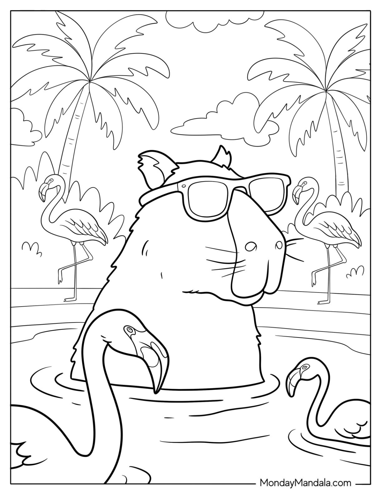 Cool Capybara Coloring Page in Sunglasses Relaxing with Flamingos for Kids