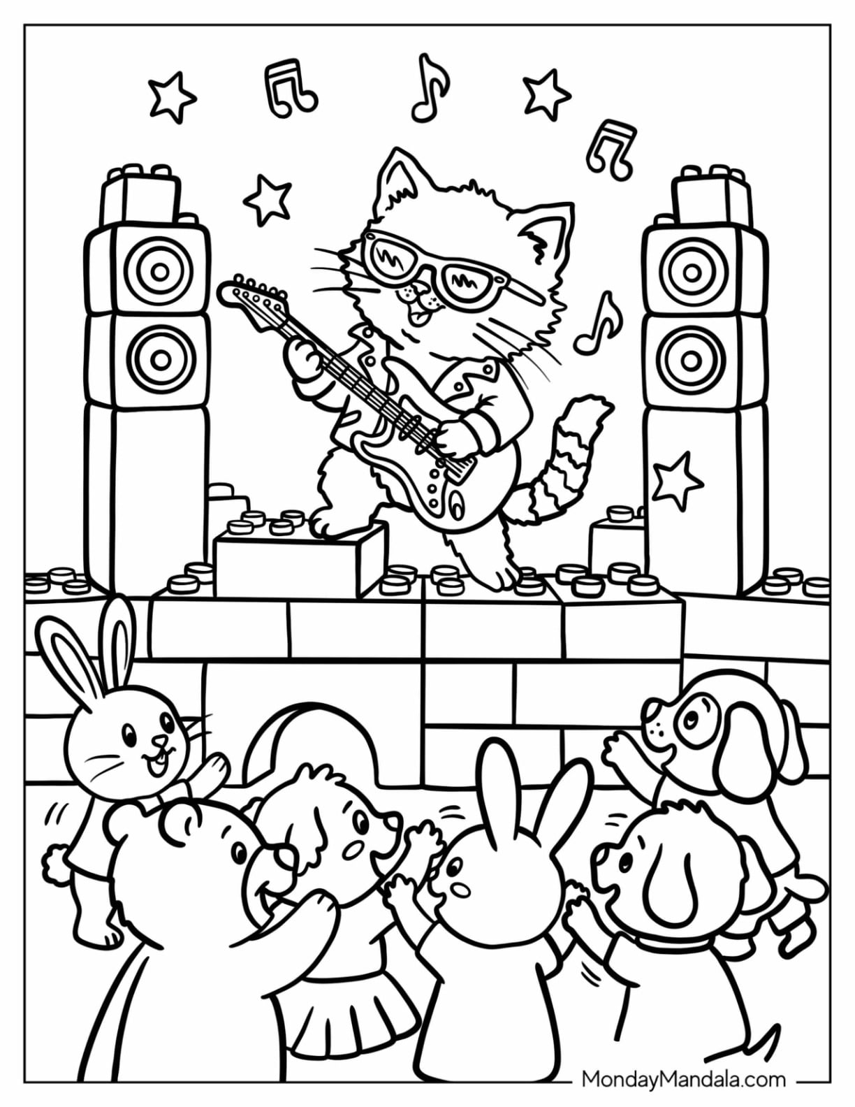 Cool Cat Playing Guitar Coloring Page on Stage for Kids