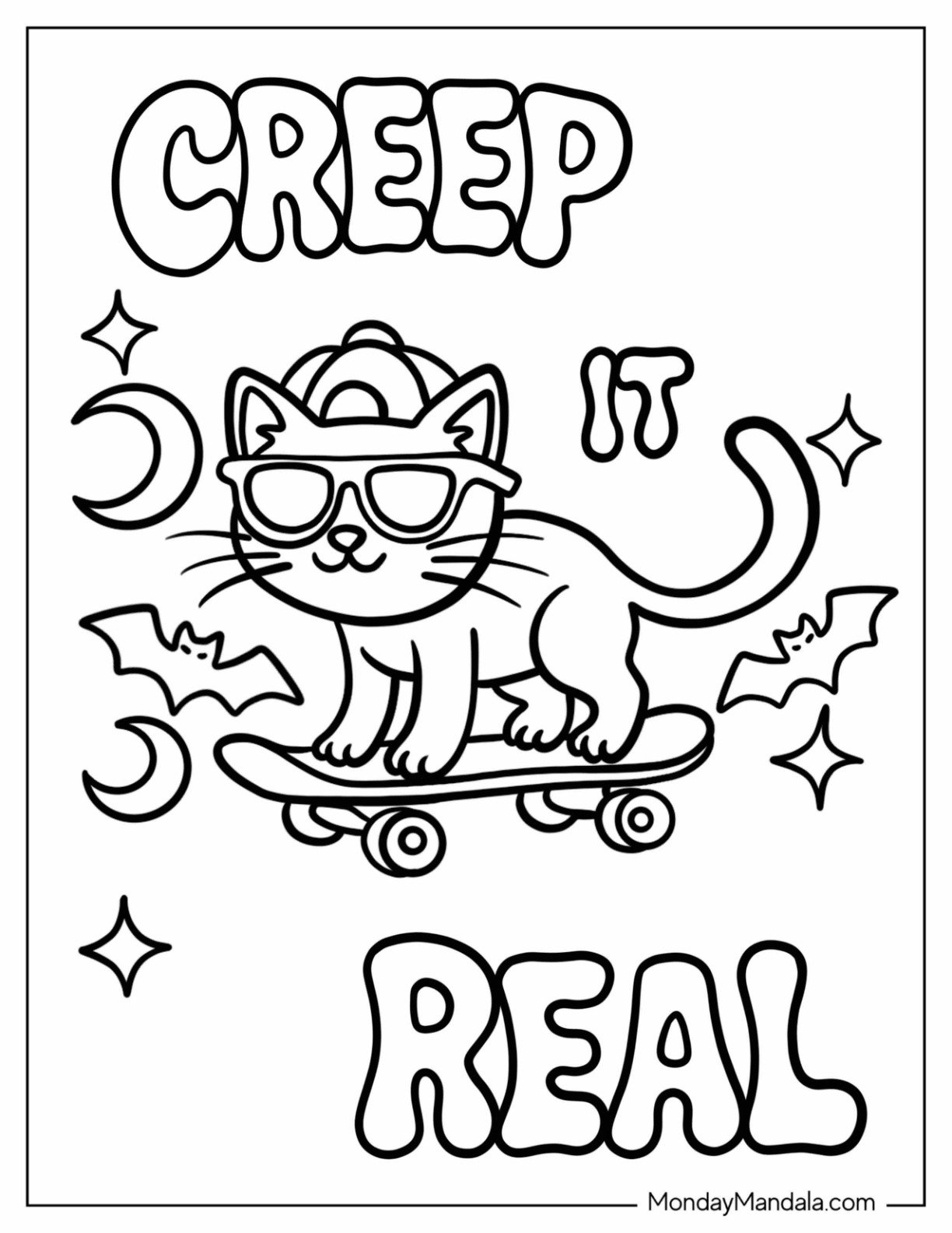Cool Cat on Skateboard with Sunglasses and Bats Halloween Coloring Page for Adults