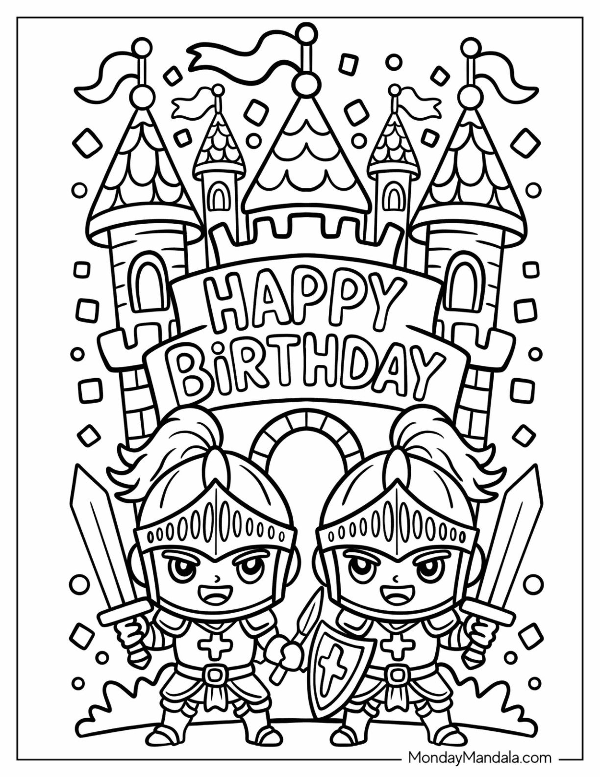 Cool Chibi Soldiers Guarding a Castle with Happy Birthday Coloring Page for Kids