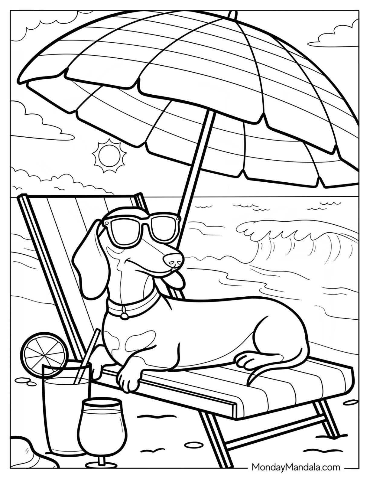 Cool Dachshund in Sunglasses Relaxing on Beach Chair with Umbrella and Ocean View