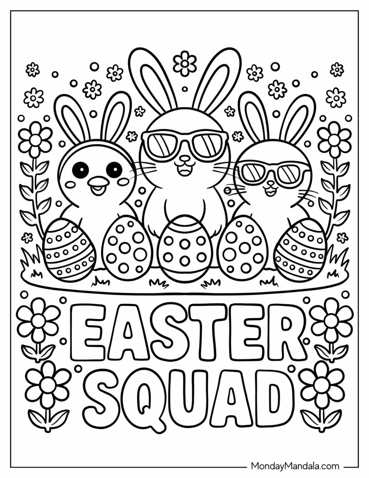 Cool Easter Coloring Page of Bunnies with Eggs and Flowers for Kids