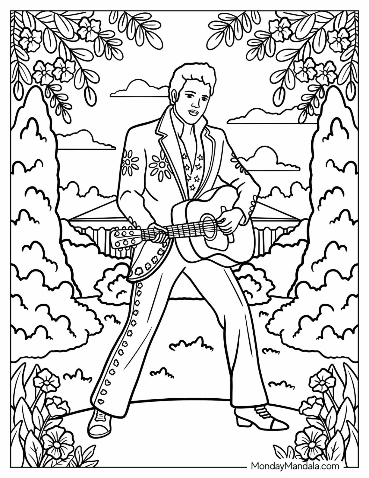 Cool Elvis Coloring Page in Costume Playing the Guitar in the Garden