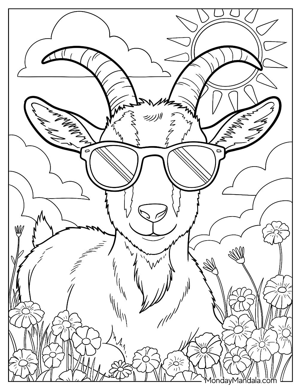 Cool Goat Coloring Page with Sunglasses Under the Bright Summer Sun for Kids