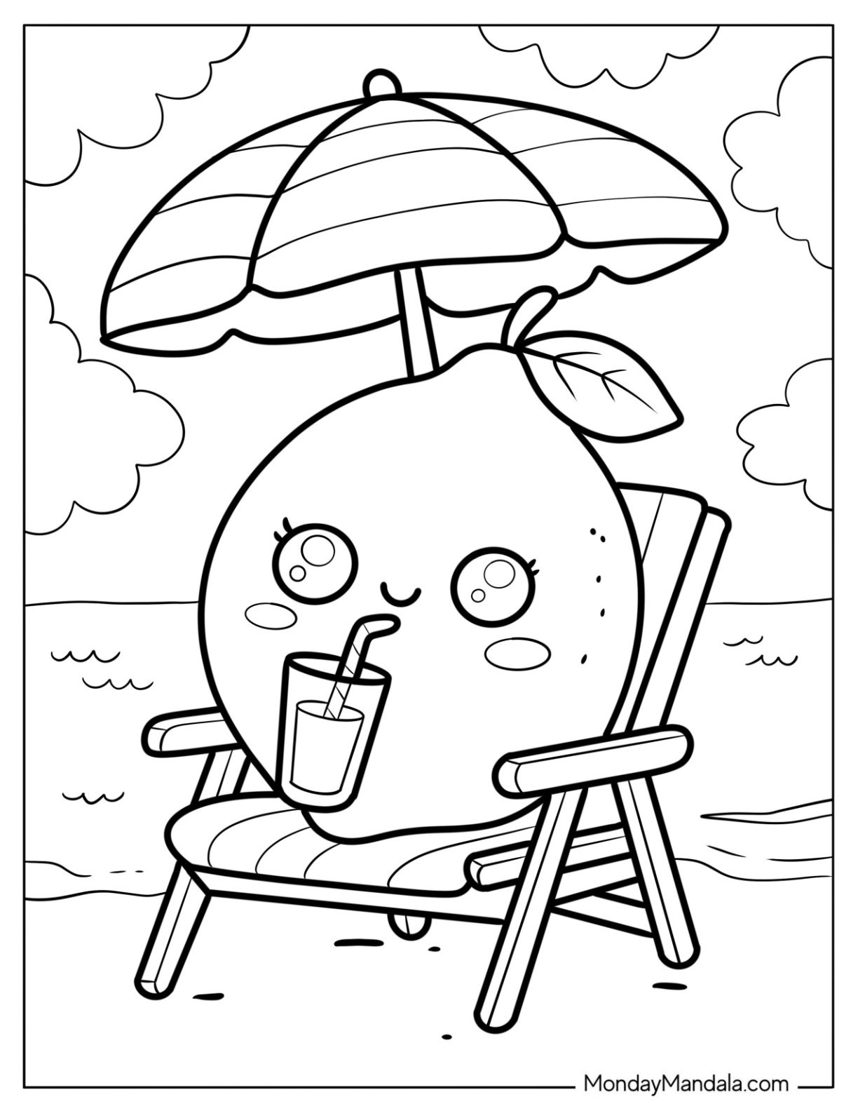 Cool Lemon Coloring Page Sitting on a Beach Chair