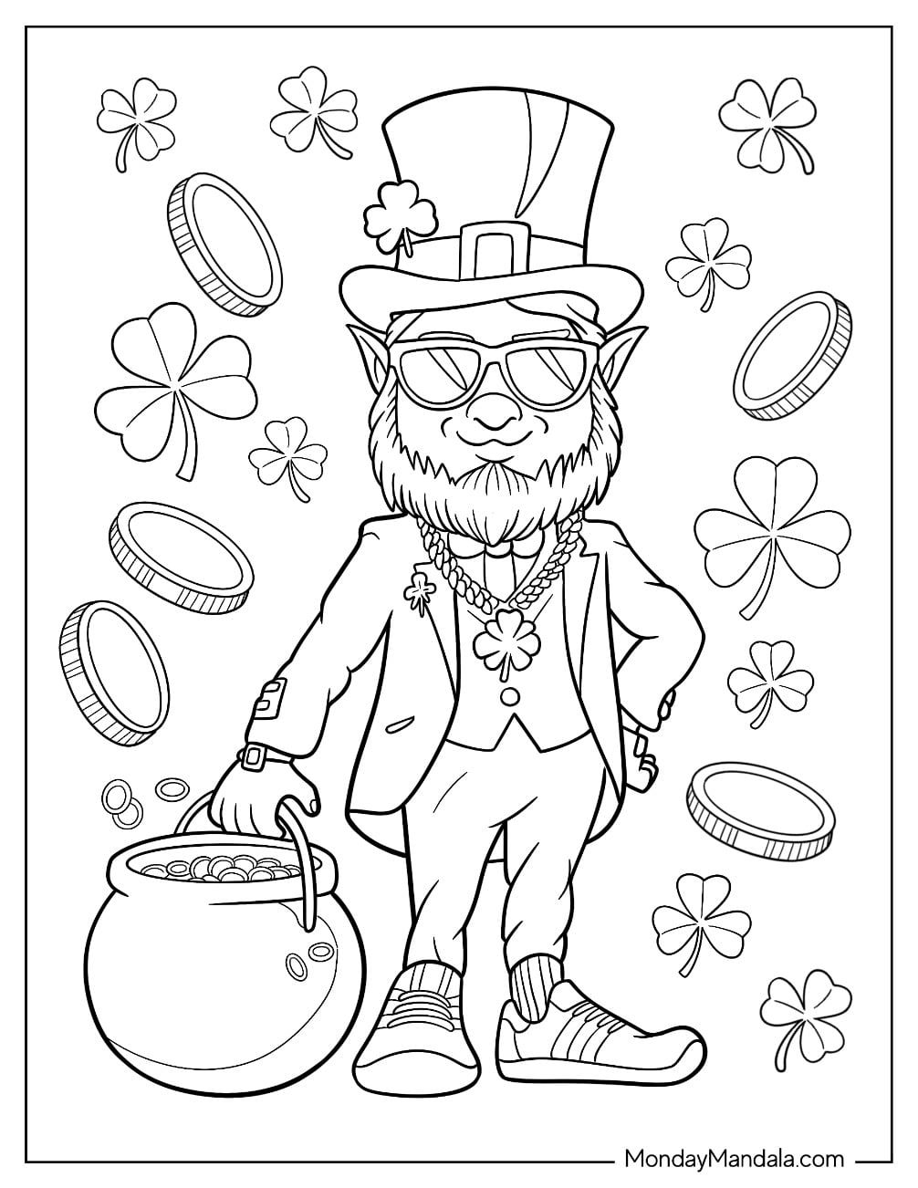 Cool Leprechaun Coloring Page With Sunglasses And Pot Of Gold
