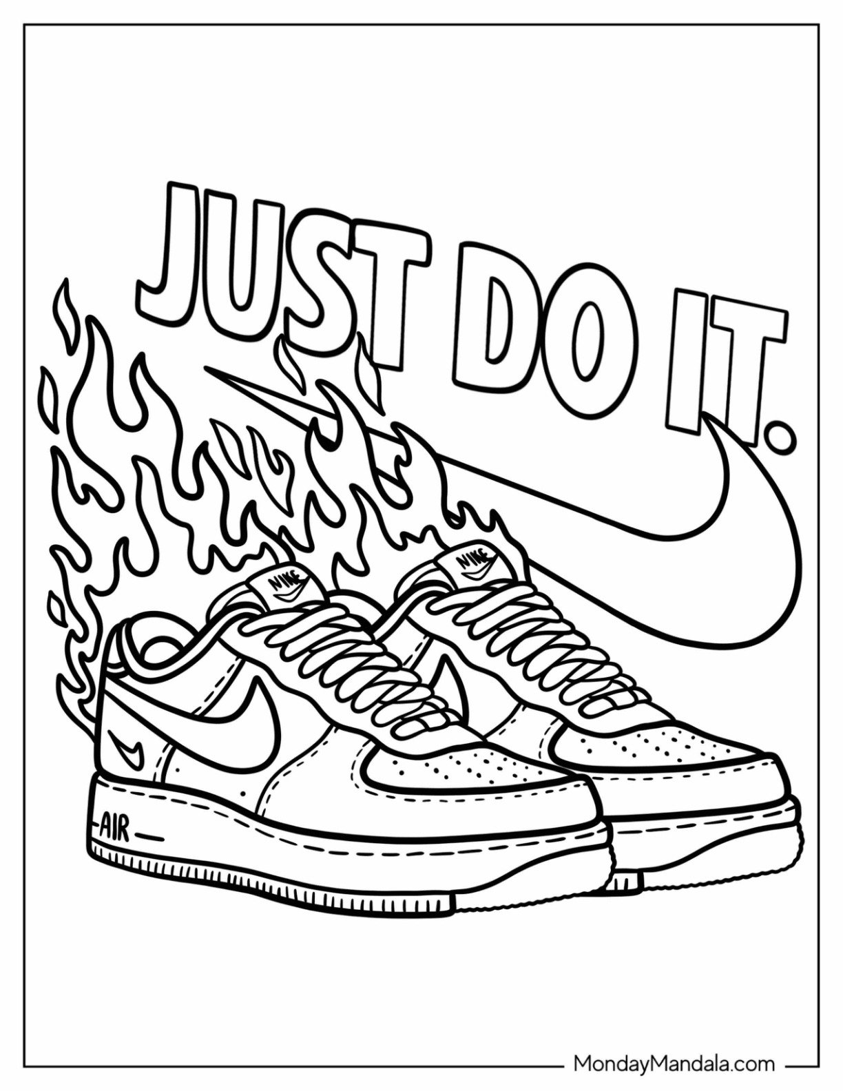 Cool Nike Coloring Page Sneakers with Flames and Just Do It Logo