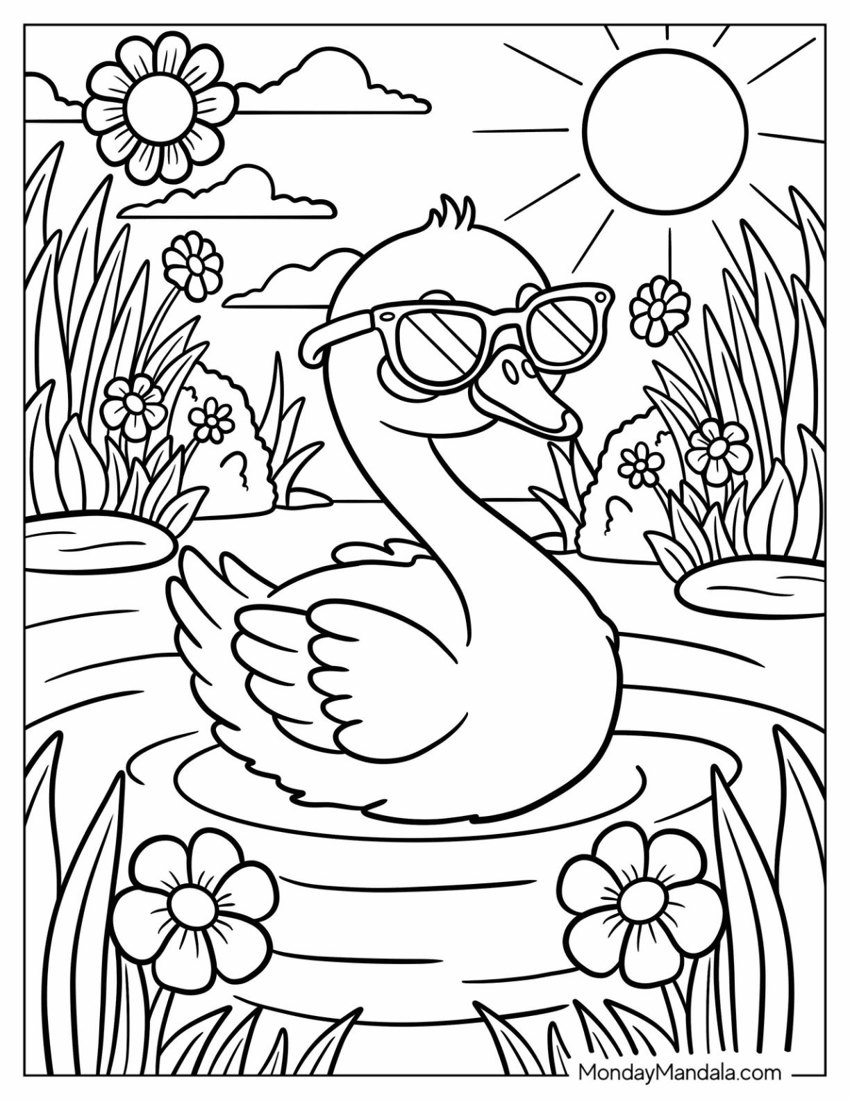 Cool Swan Coloring Page Wearing Sunglasses on the Pond for Kids