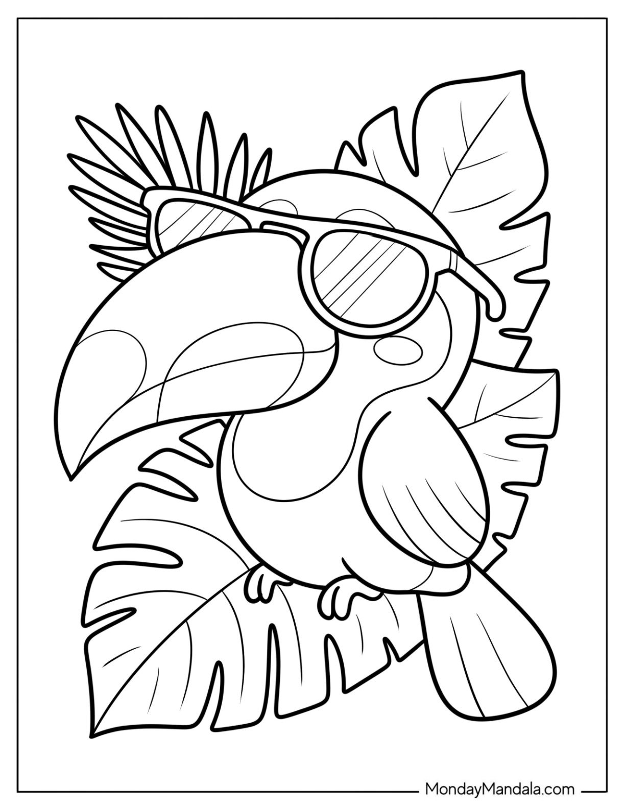 Cool Toucan Coloring Page with Sunglasses and Leafy Background for Kids