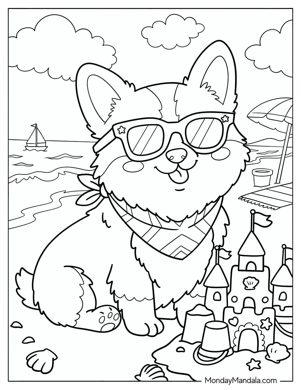 Corgi Building a Sandcastle at the Beach Coloring Page