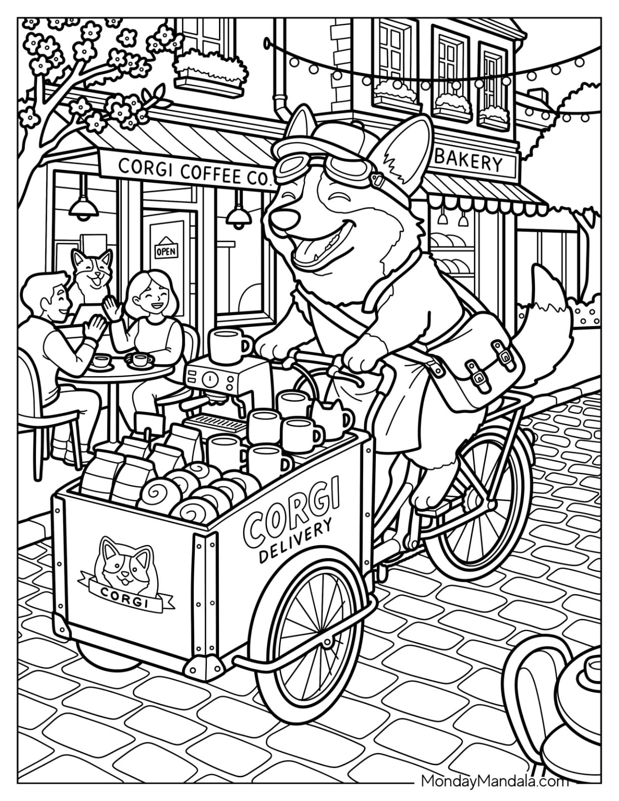 Corgi Delivering Coffee by Bike on a Café Street Coloring Page