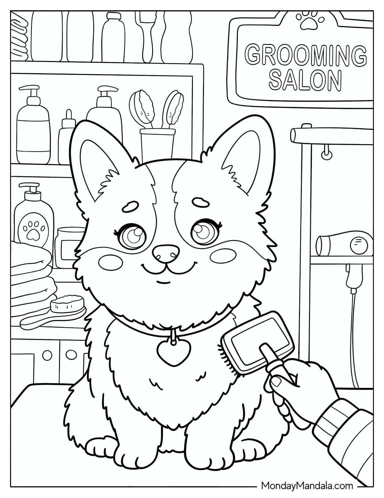 Corgi Getting Groomed at a Pet Salon Coloring Page