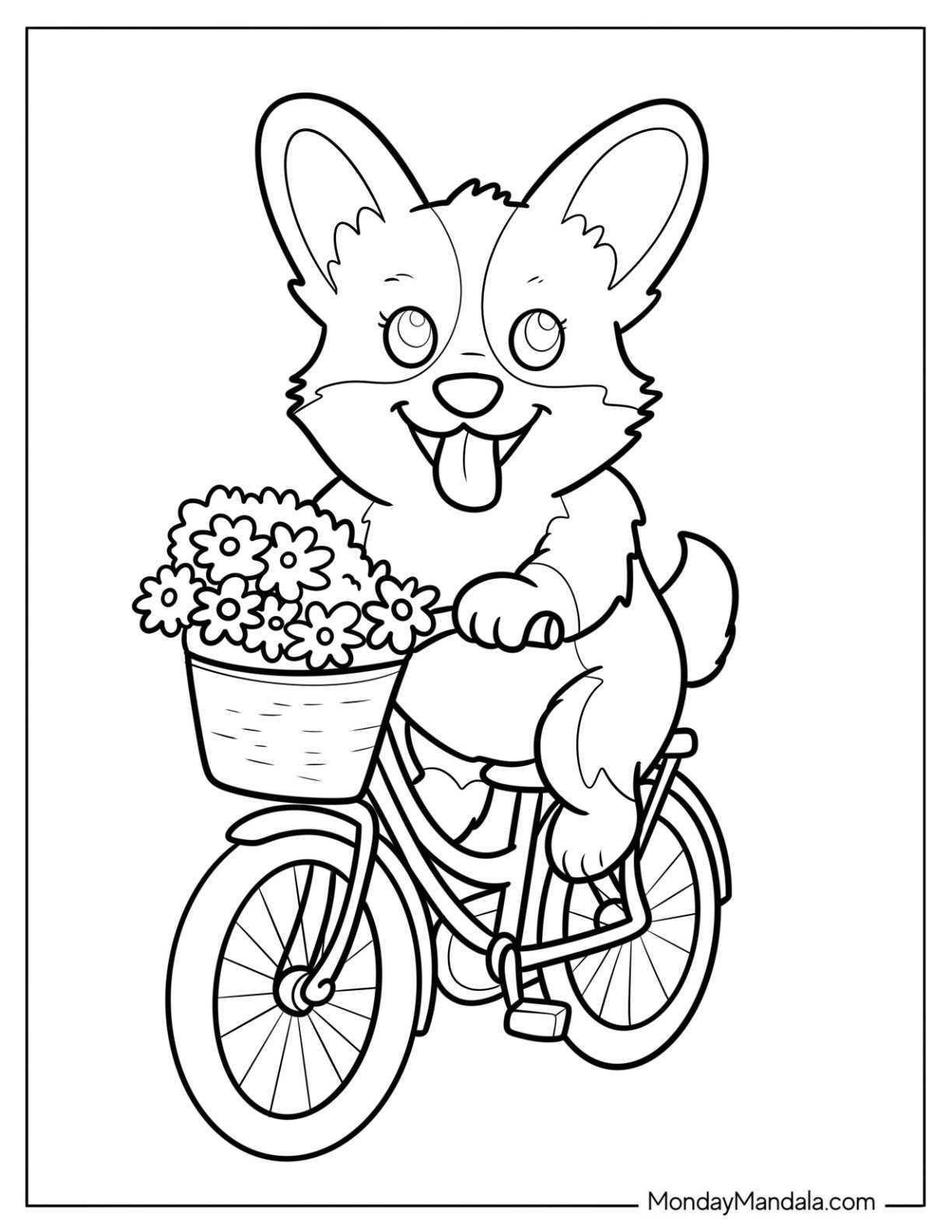Corgi Coloring Page Riding a Bicycle with Flower Basket for Kids
