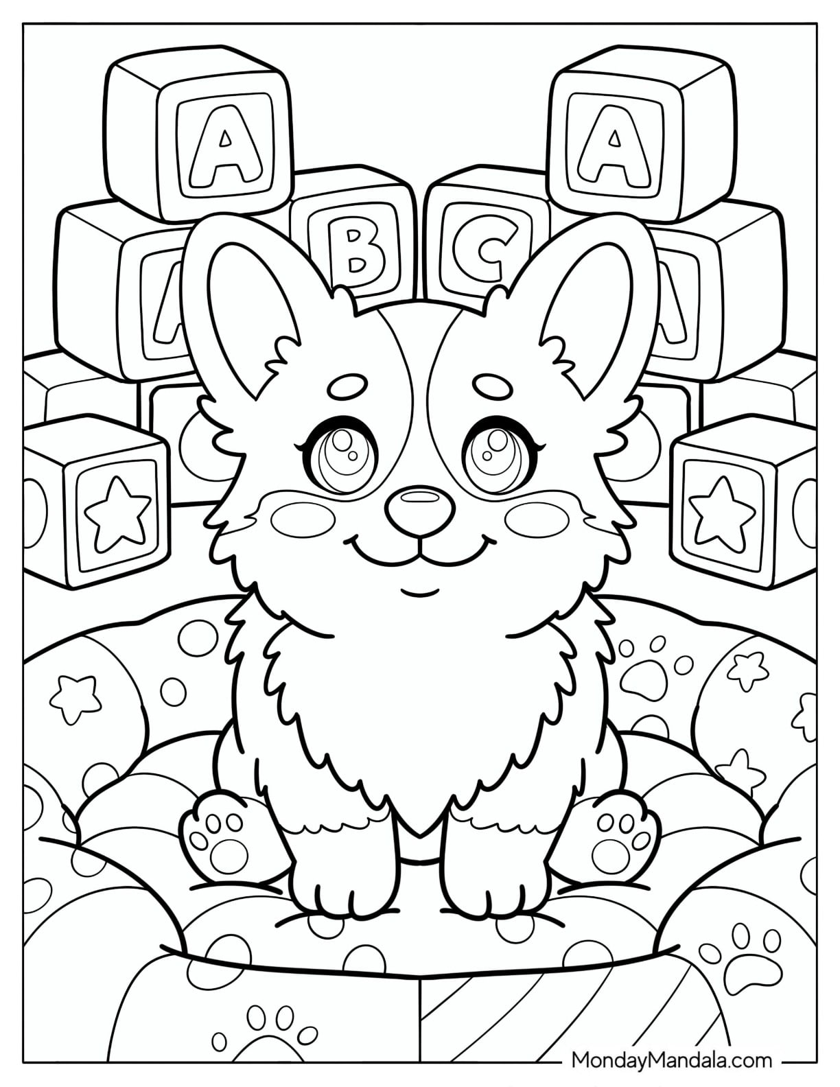Corgi Sitting Among Alphabet Blocks Coloring Page