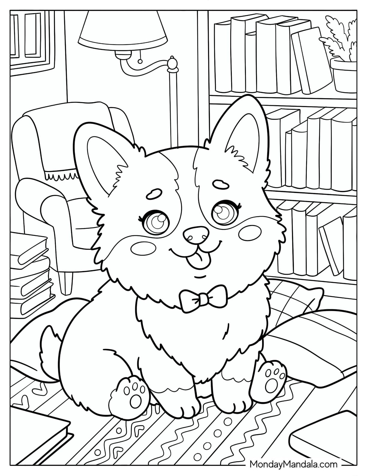 Corgi Sitting in a Cozy Library with Books Coloring Page for Kids