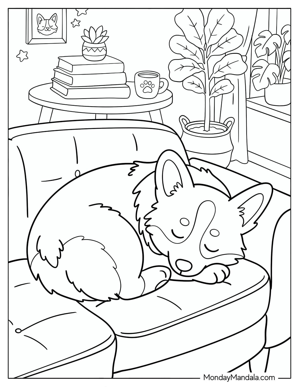 Corgi Sleeping on a Cozy Living Room Couch Coloring Page