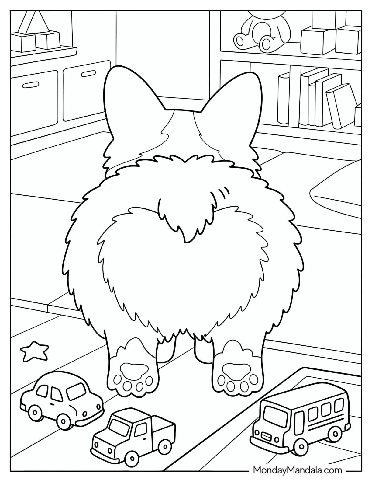 Corgi Standing Among Toy Cars and Blocks Coloring Sheet