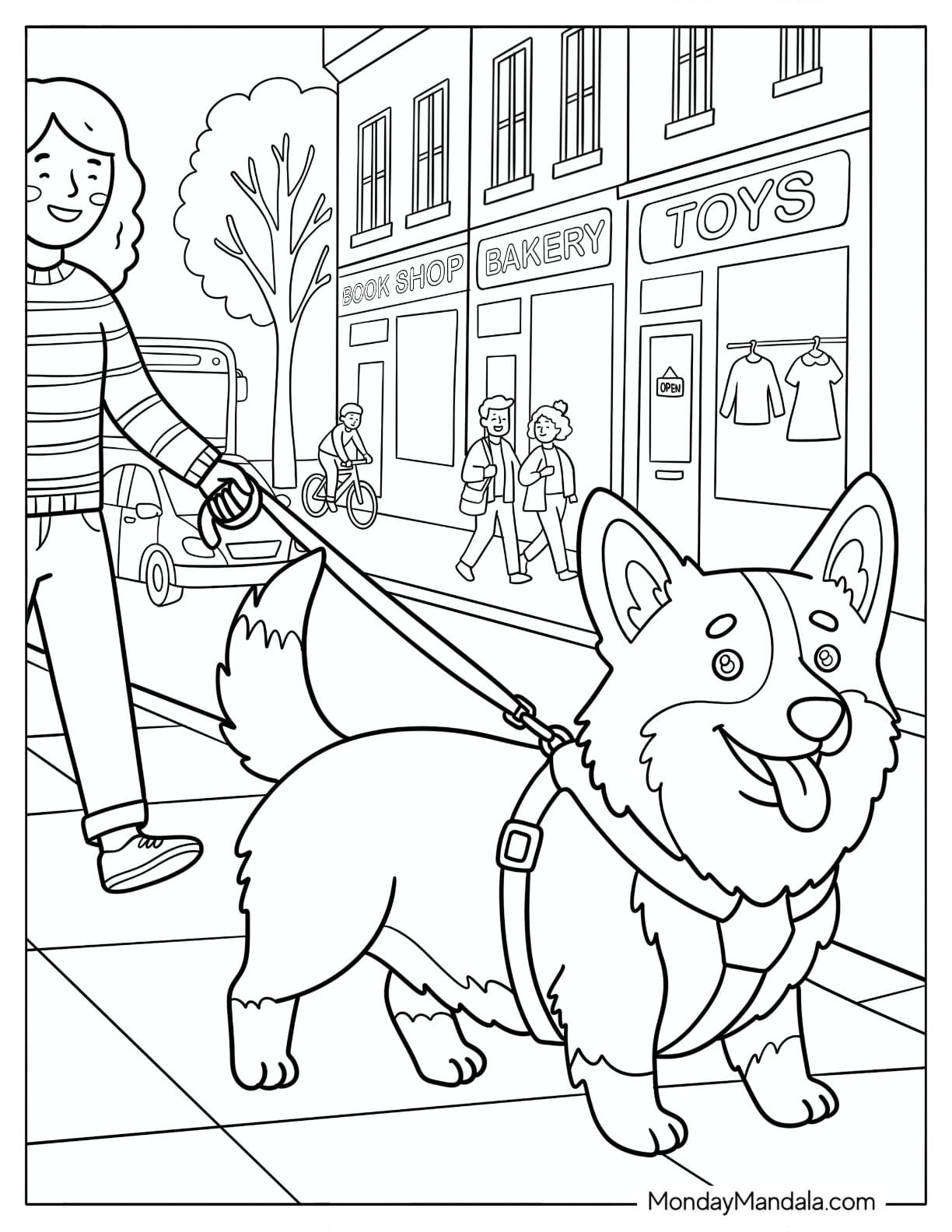 Corgi Walking on a Leash Through a City Street Coloring Sheet
