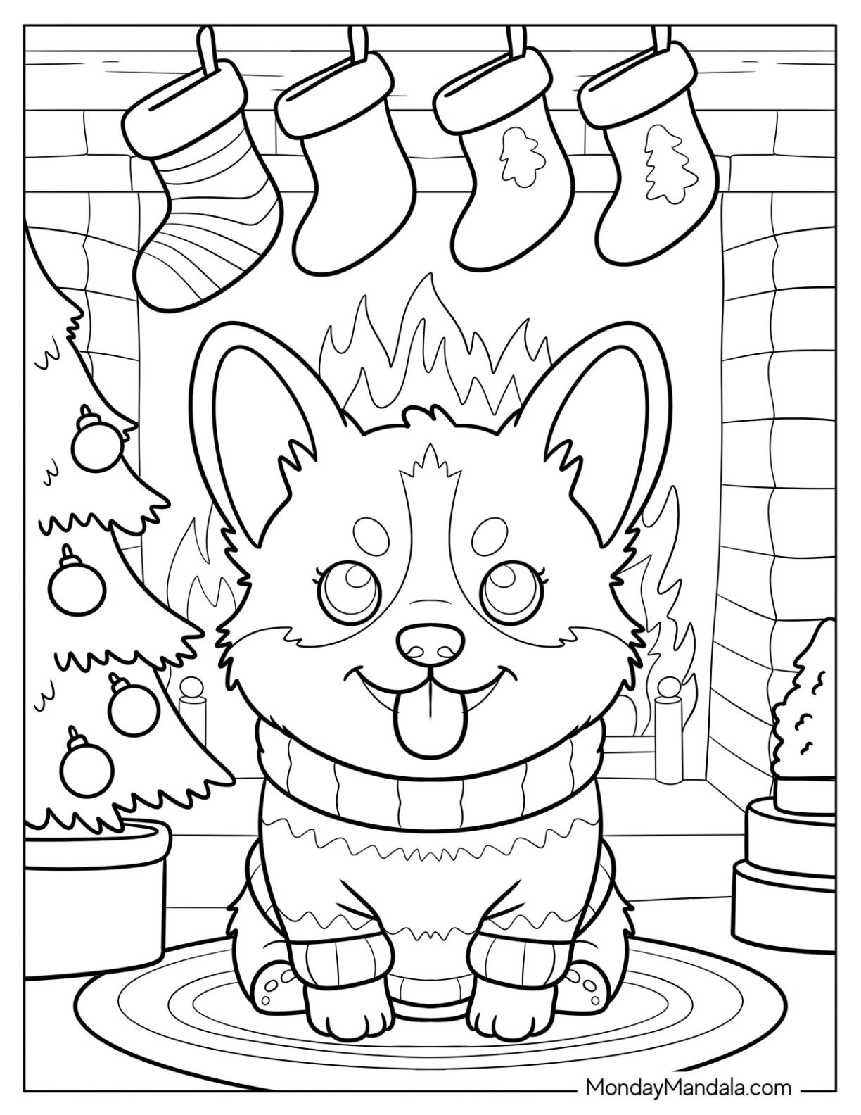 Corgi Coloring Page in a Christmas Sweater Sitting in Front of the Fireplace