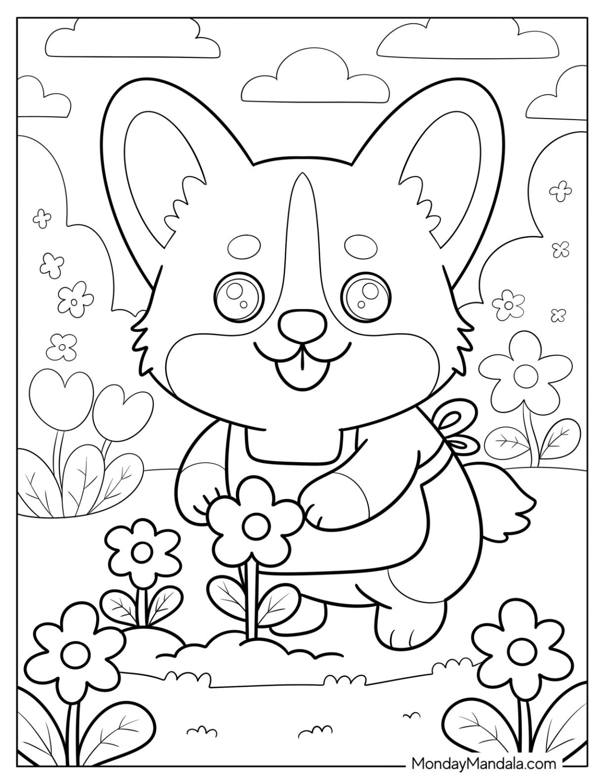 Corgi Coloring Page with Apron Gardening