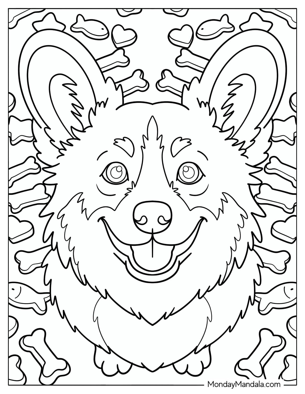 Corgi with Dog Bones and Hearts Coloring Page
