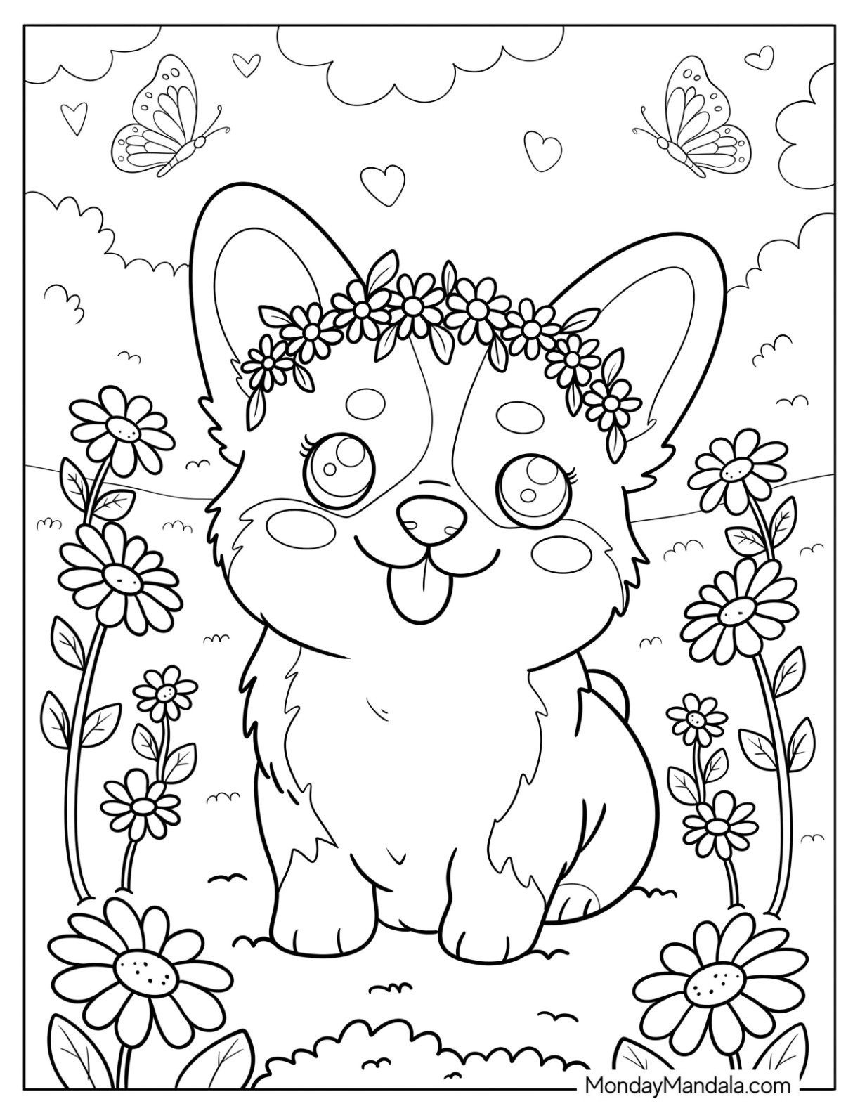 Corgi Coloring Page with Flower Crown Sitting in a Garden with Butterflies