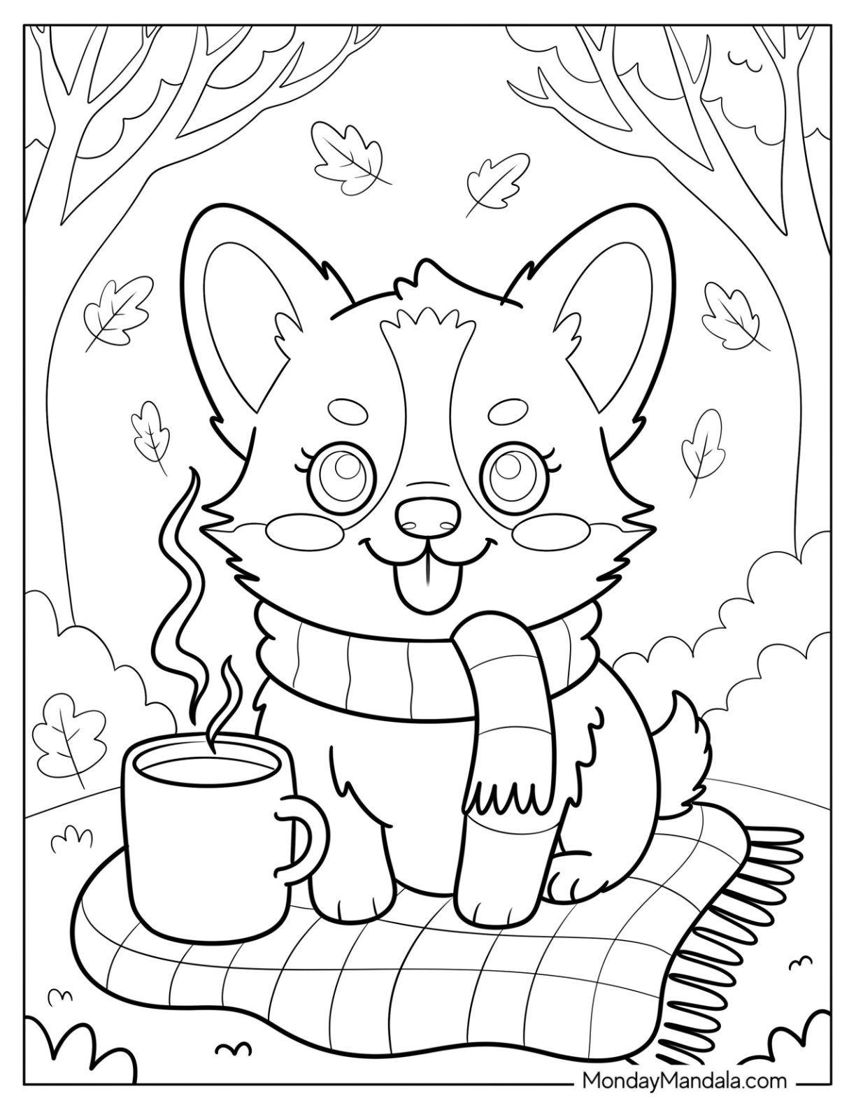 Corgi Coloring Page with Scarf Enjoying Hot Drink on a Picnic Mat