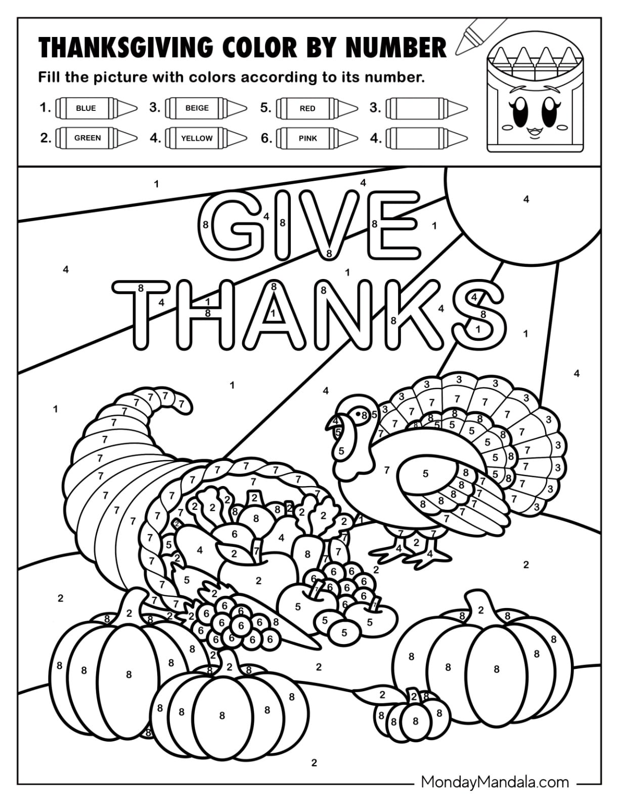 Cornucopia, Turkey, and Pumpkins for Thanksgiving Color by Number