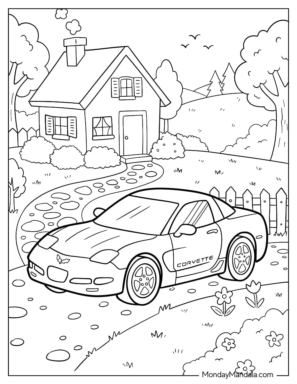 Corvette Parked in Front of a Small House Coloring Page for Kids