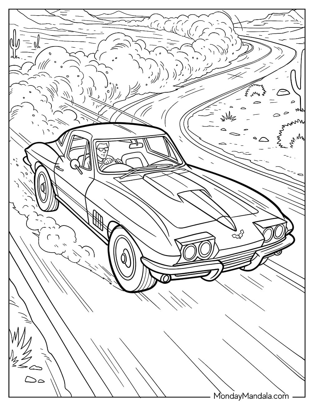 Corvette Racing Through the Desert Coloring Sheet
