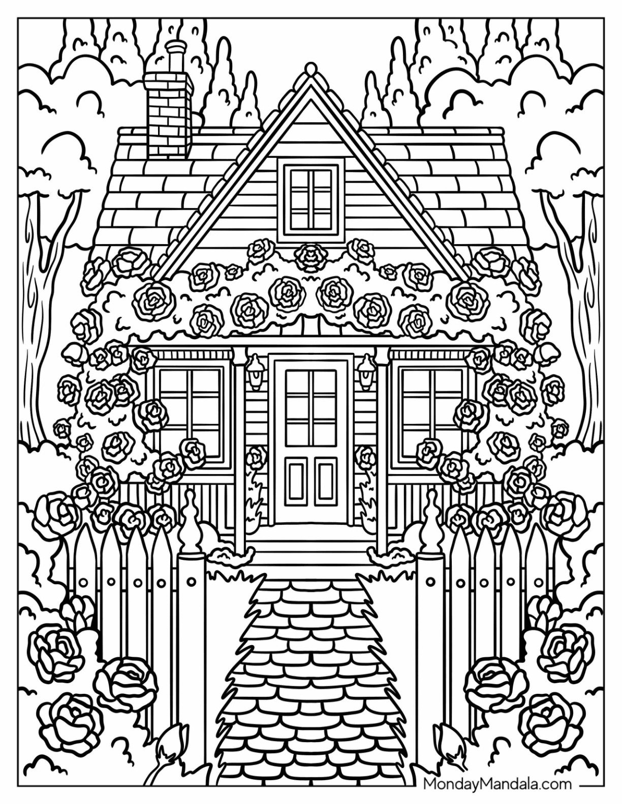 Cottage Covered in Rose Coloring Page Bushes