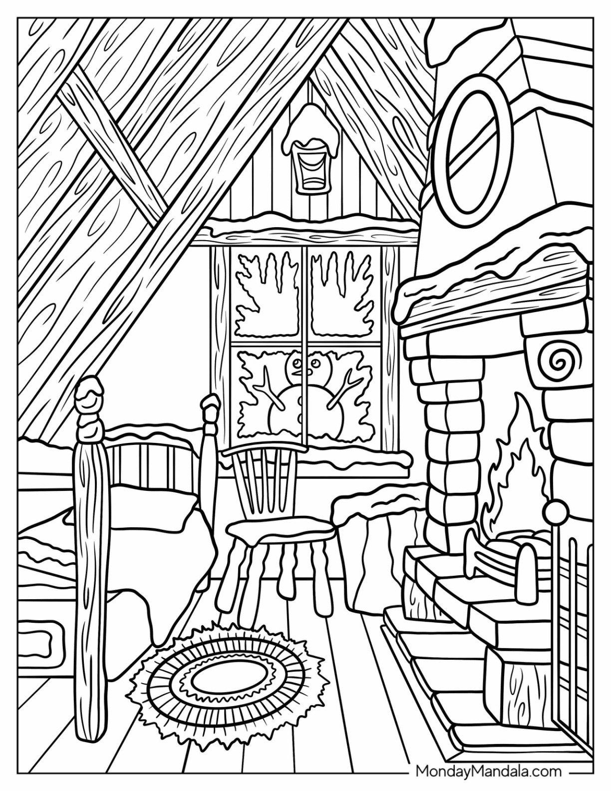 Cottagecore Bedroom With Fireplace Coloring Page On Christmas