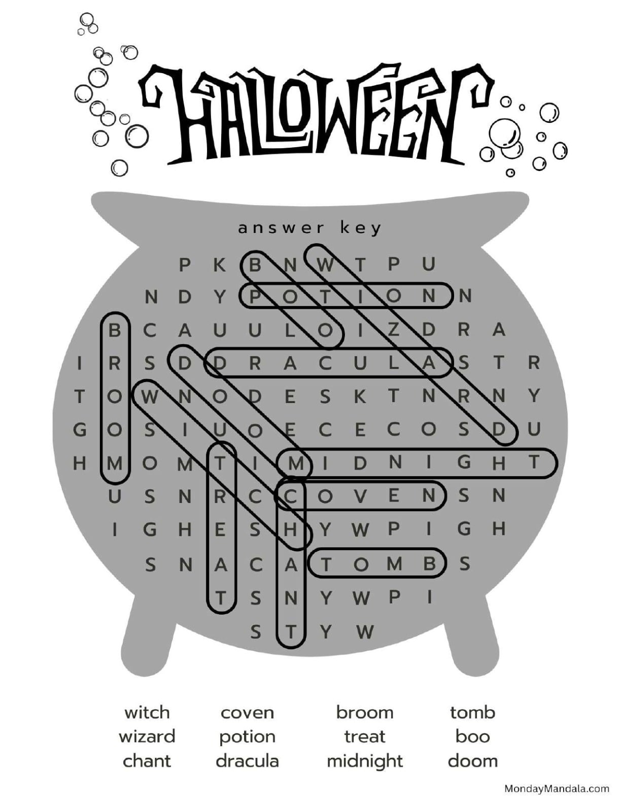 Couldron Halloween Word Search Answer Key