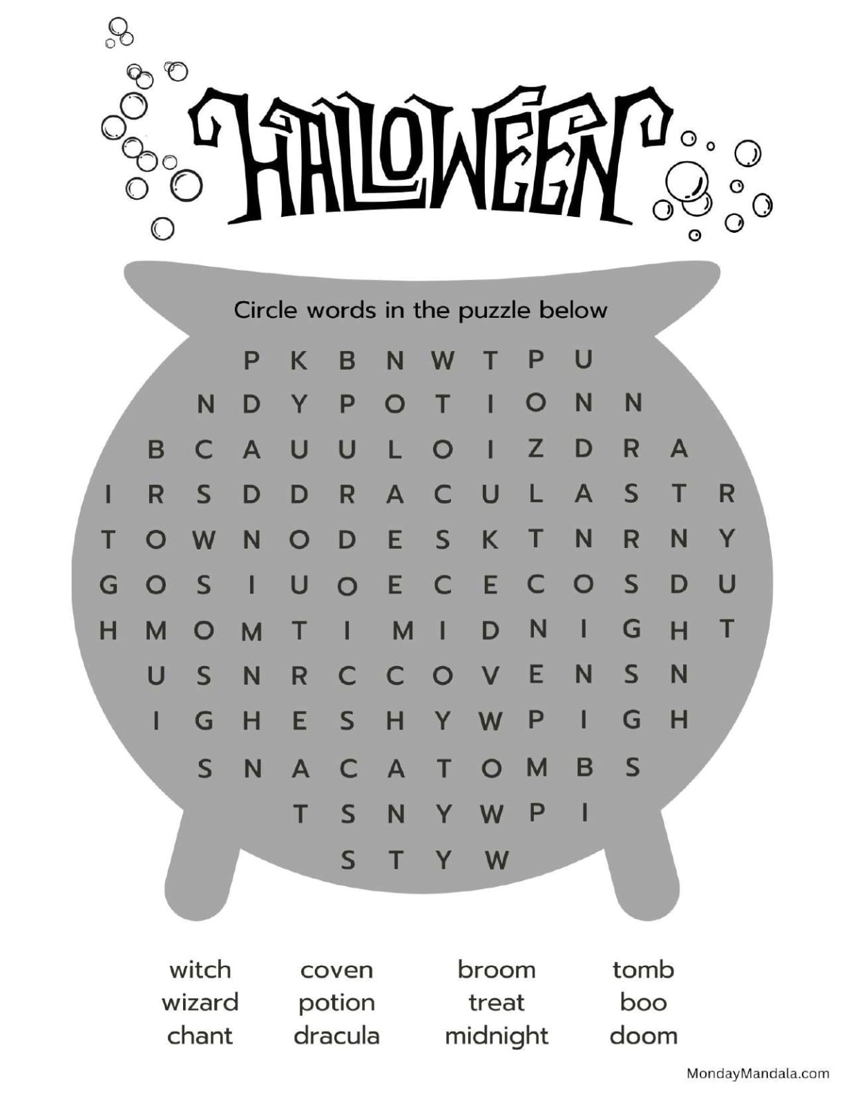 Couldron Halloween Word Search