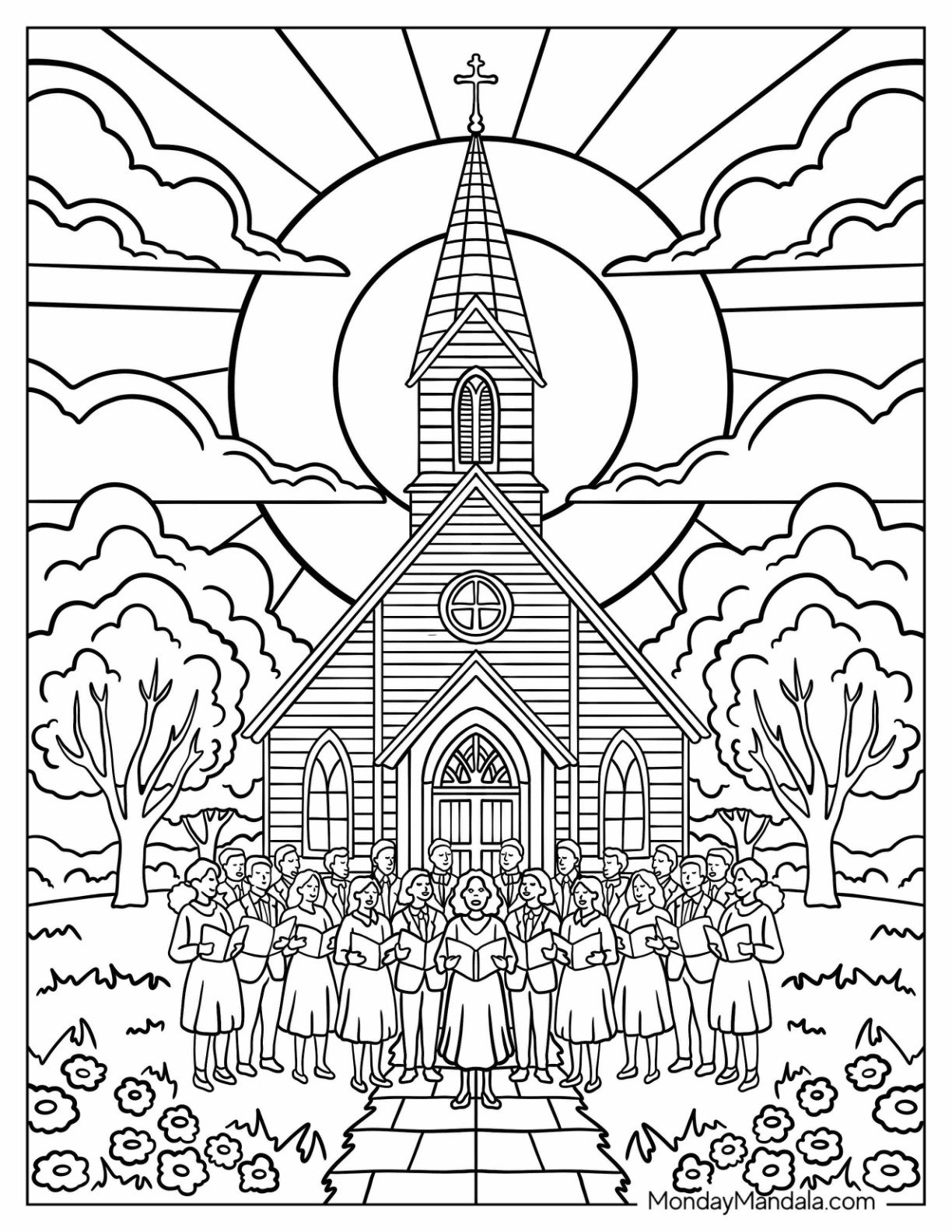 Country Church Coloring Page with Choir Singing at Sunrise