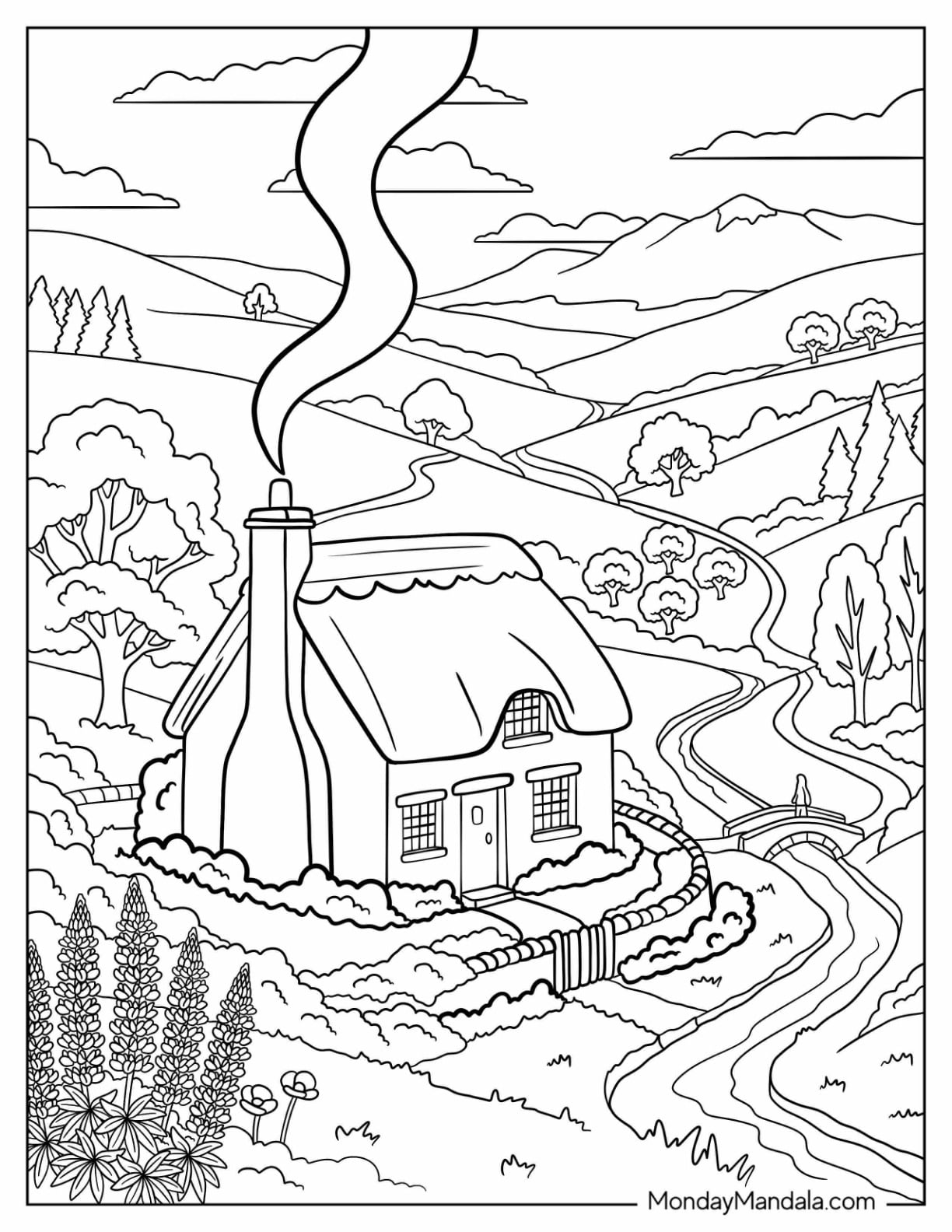 Country Cottage with Smoke from the Chimney, Rolling Hills, and Wildflowers Coloring Page for Adults