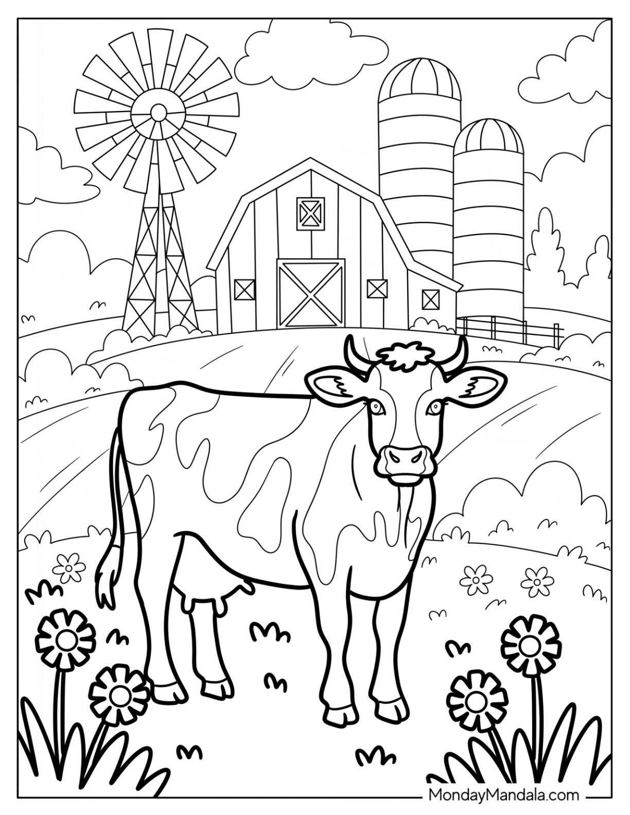 Country Cow With Barn, Silo, And Windmill In Background Coloring Page