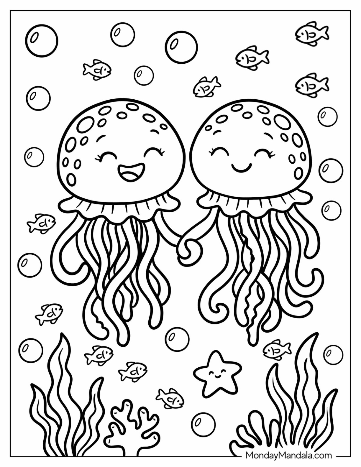 Couple Jellyfish Holding Tentacles Coloring Sheet